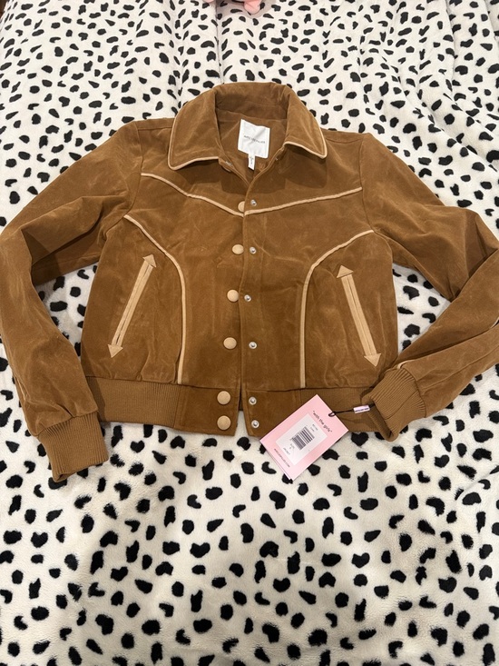 Avec Les Filles Jackets & Blazers - Avec Les Filles Brown Suede Bomber Jacket with Contrast Piping